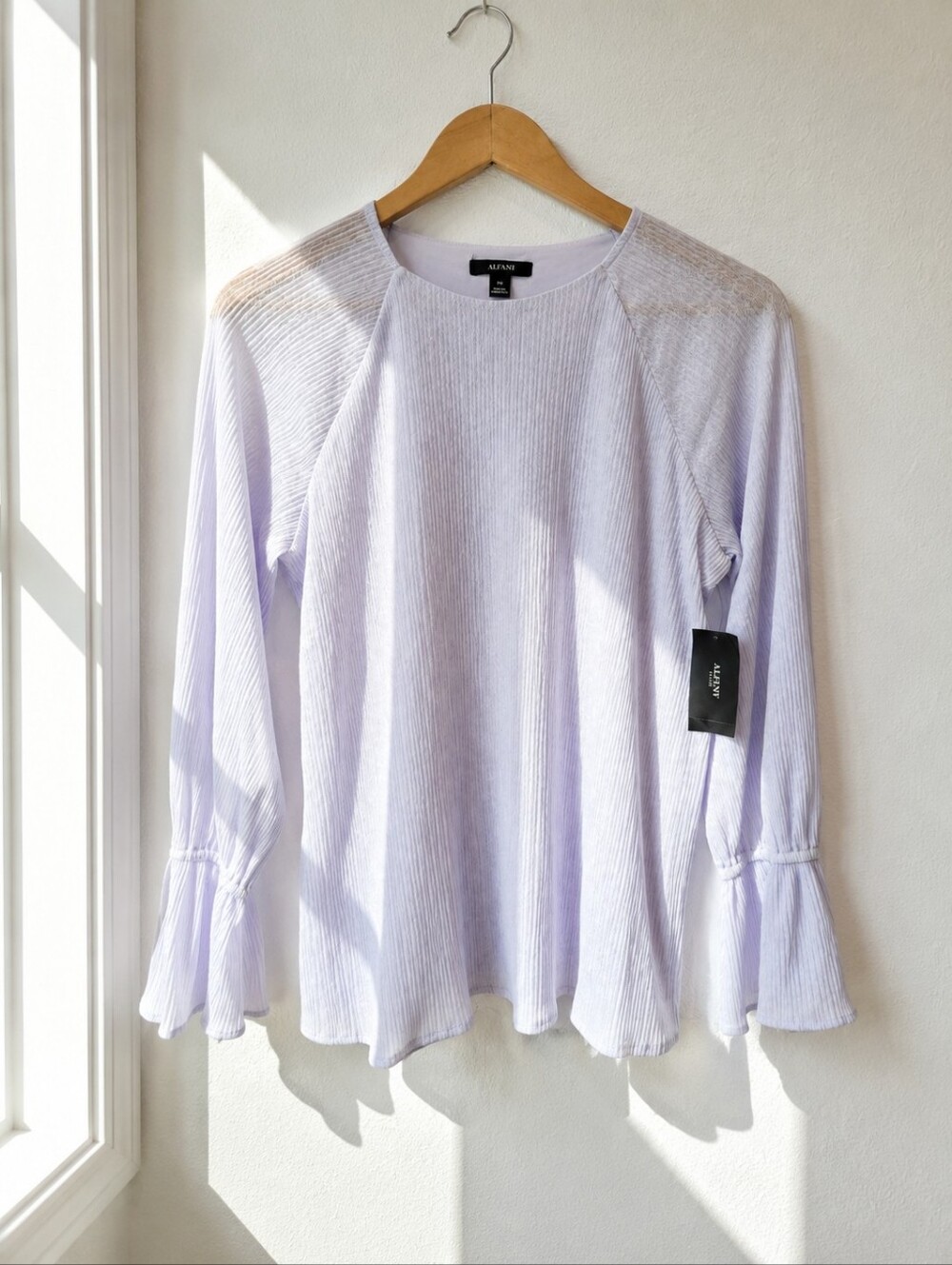 Alfani Textured Blouse Light Lilac Bell Sleeve Top Petite Medium NWT